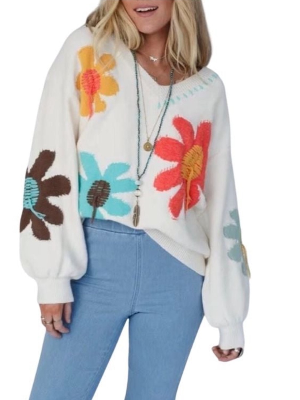 New: POL “Good Mood” Crochet Patchwork Flower Balloon Sleeve Sweater• Medium